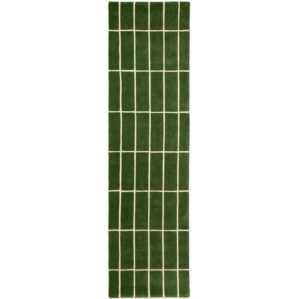 Marimekko Tiiliskivi Green Runner Rug featuring a grid pattern in cream on dark forest green background, hand-tufted wool