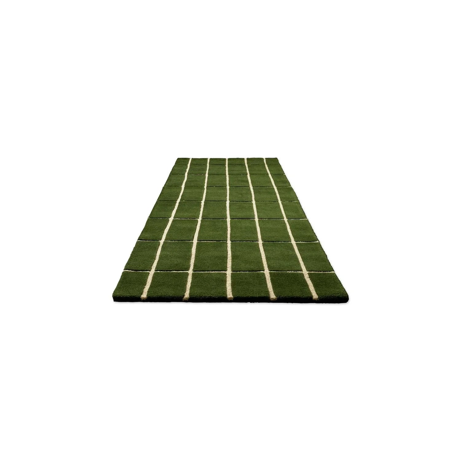 Marimekko Tiiliskivi Green Runner Rug featuring grid pattern in olive, moss with cream lines on white, machine-made wool
