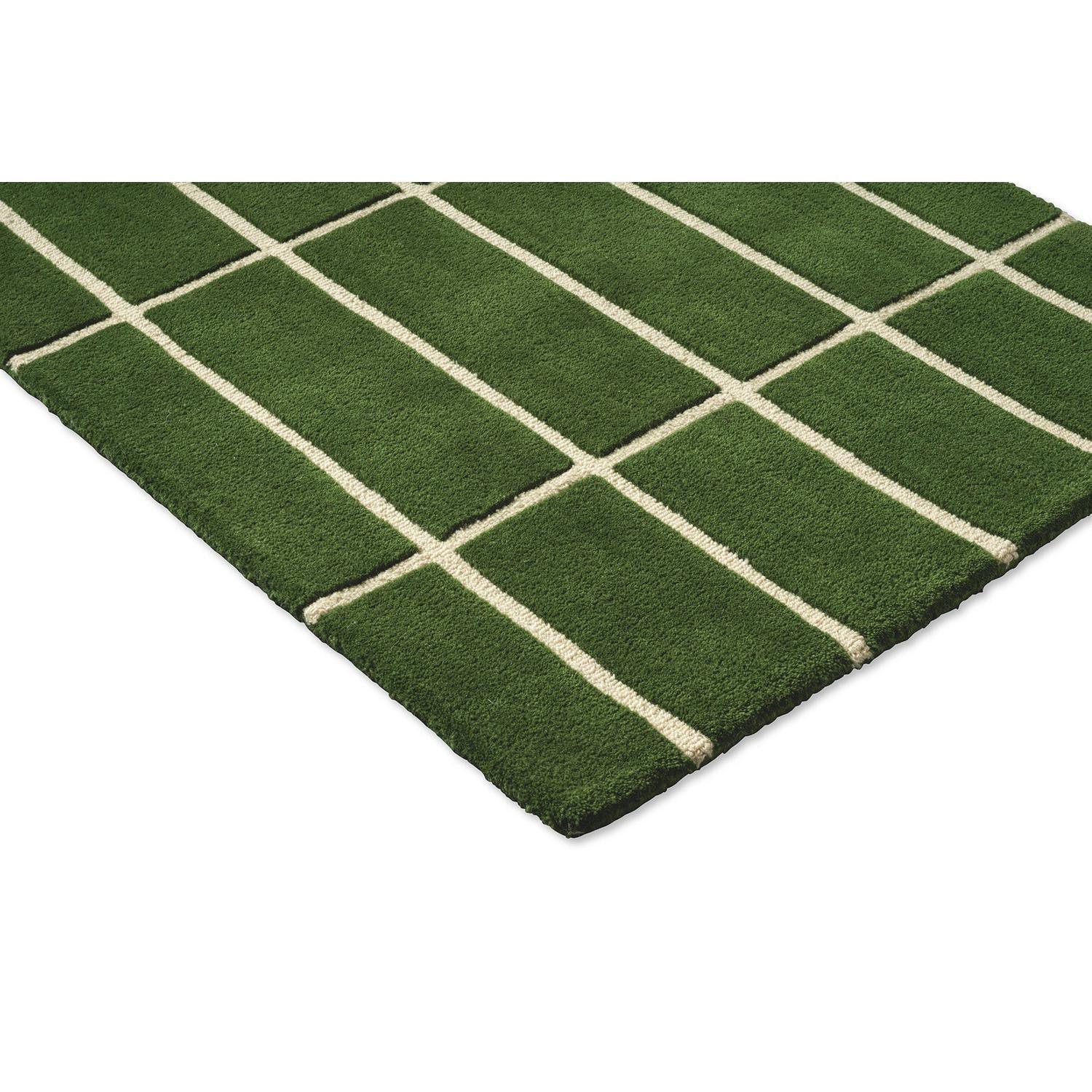 Marimekko Tiiliskivi Green 132907 Runner Rug featuring grid pattern in emerald green, cream on dark green field, tufted wool