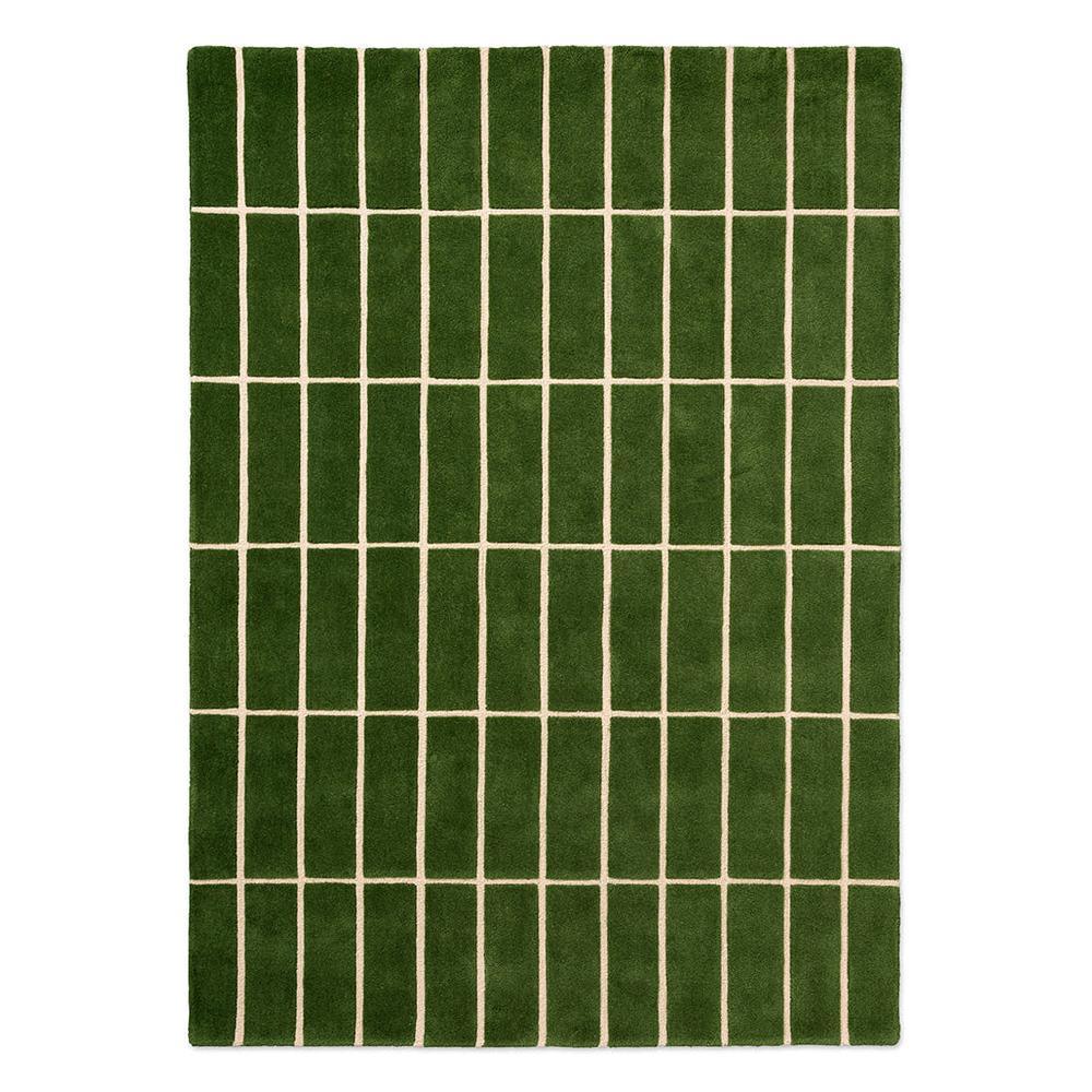 Marimekko Tiiliskivi 132907 Rug featuring grid pattern in forest green with ivory lines on forest green background, machine-woven wool