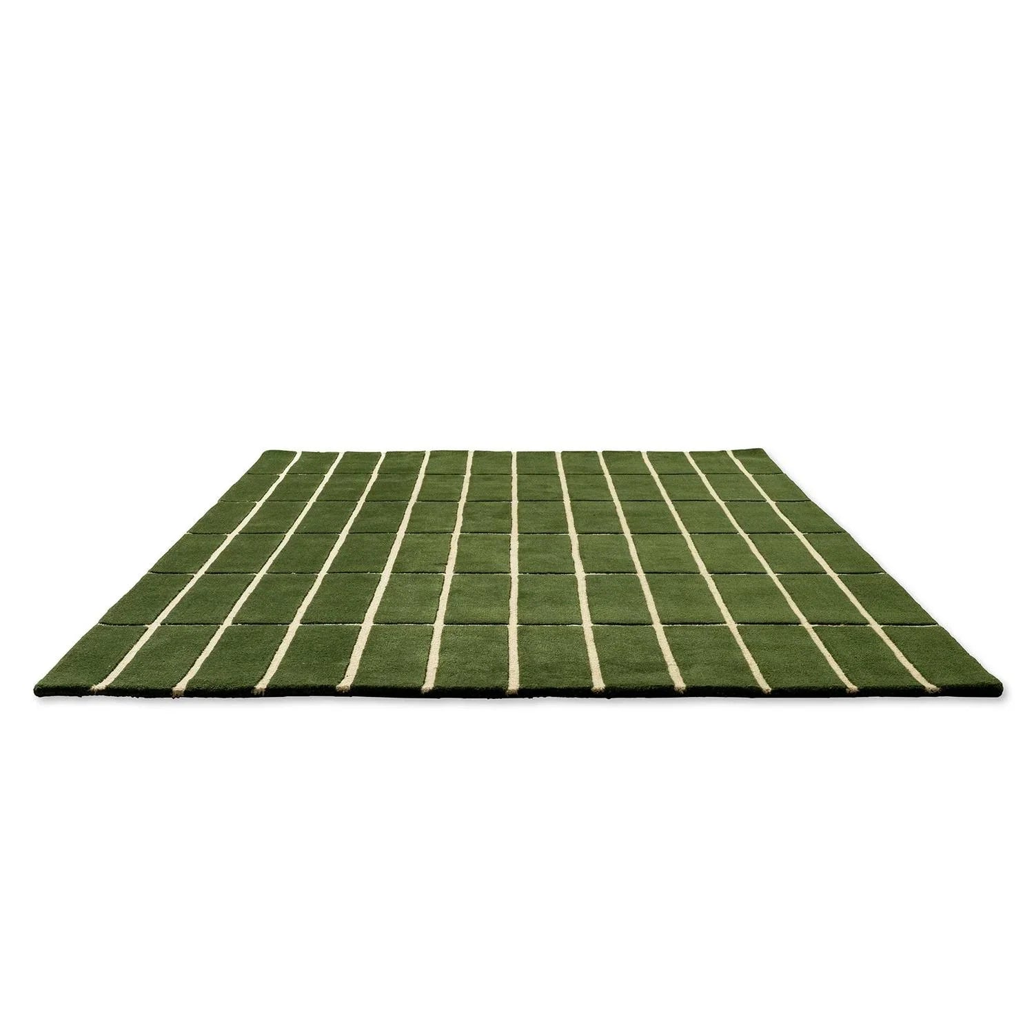 Marimekko Tiiliskivi Green 132907 Rug featuring grid pattern in olive green and cream on white background, hand-tufted wool
