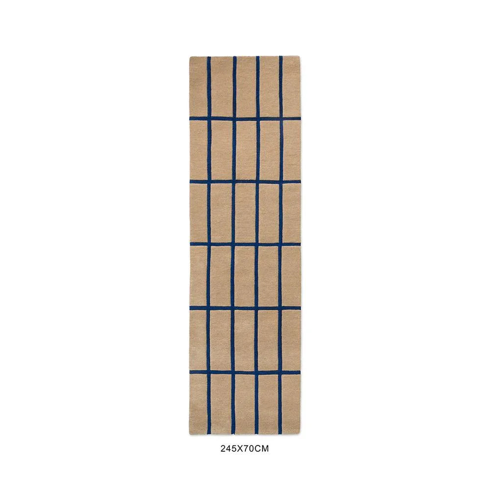 Marimekko Tiiliskivi Bright Blue runner rug featuring grid pattern in bright blue on beige background, woven cotton