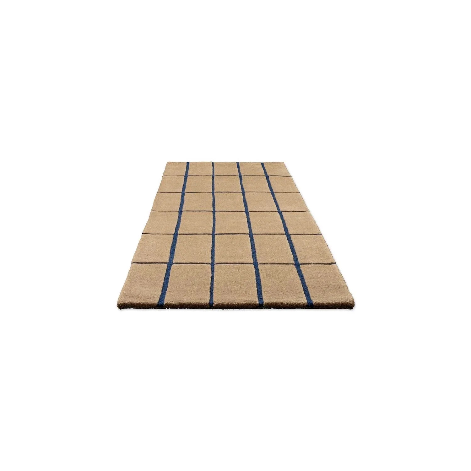 Marimekko Tiiliskivi Bright Blue Runner Rug featuring grid in blue, navy and tan on beige background, hand-tufted wool