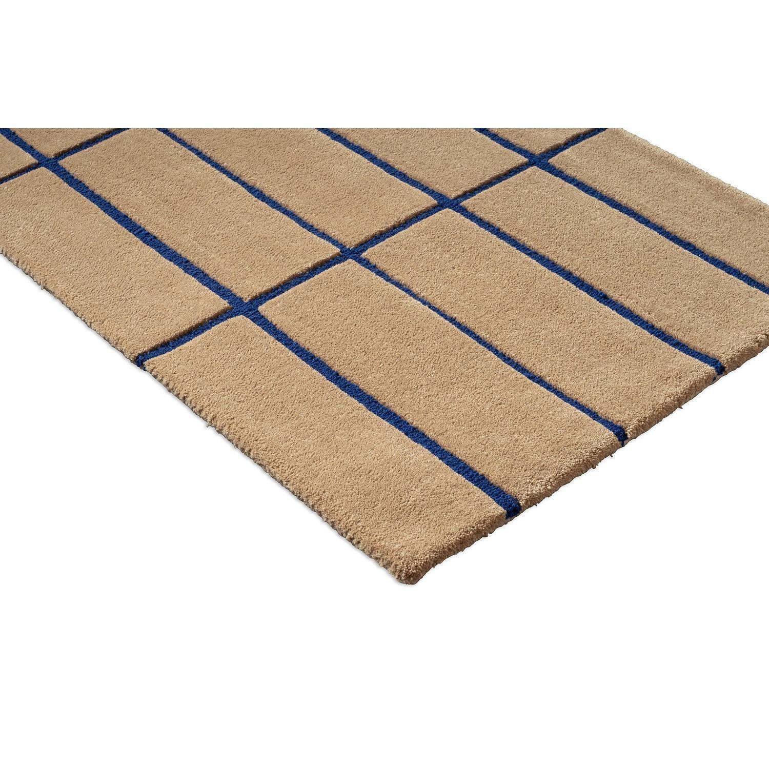 Marimekko Tiiliskivi Bright Blue Runner Rug featuring blue grid pattern on sandy beige background, machine-woven wool