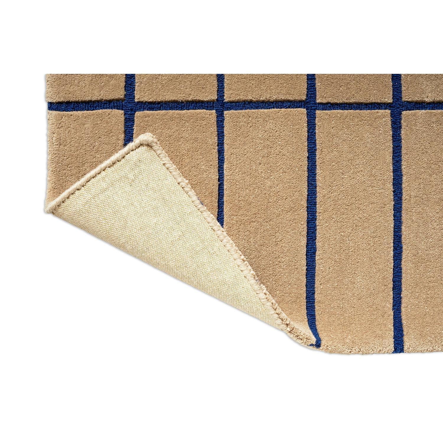 Marimekko Tiiliskivi Bright Blue Runner Rug featuring geometric grid in tan/beige with royal blue lines on beige background, hand-tufted wool