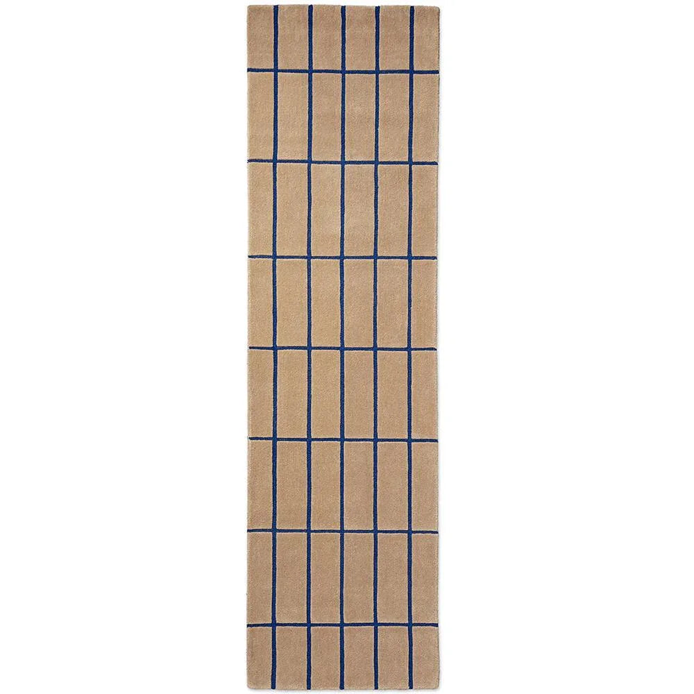Marimekko Tiiliskivi Bright Blue Runner Rug featuring grid in navy blue, bright blue on tan, hand-tufted wool