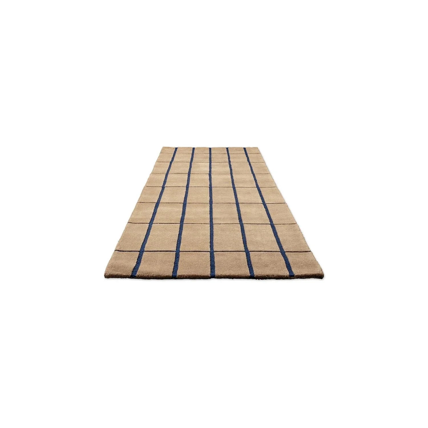 Marimekko Tiiliskivi Bright Blue 132908 Runner Rug featuring beige and navy grid on warm cream background, machine-woven wool