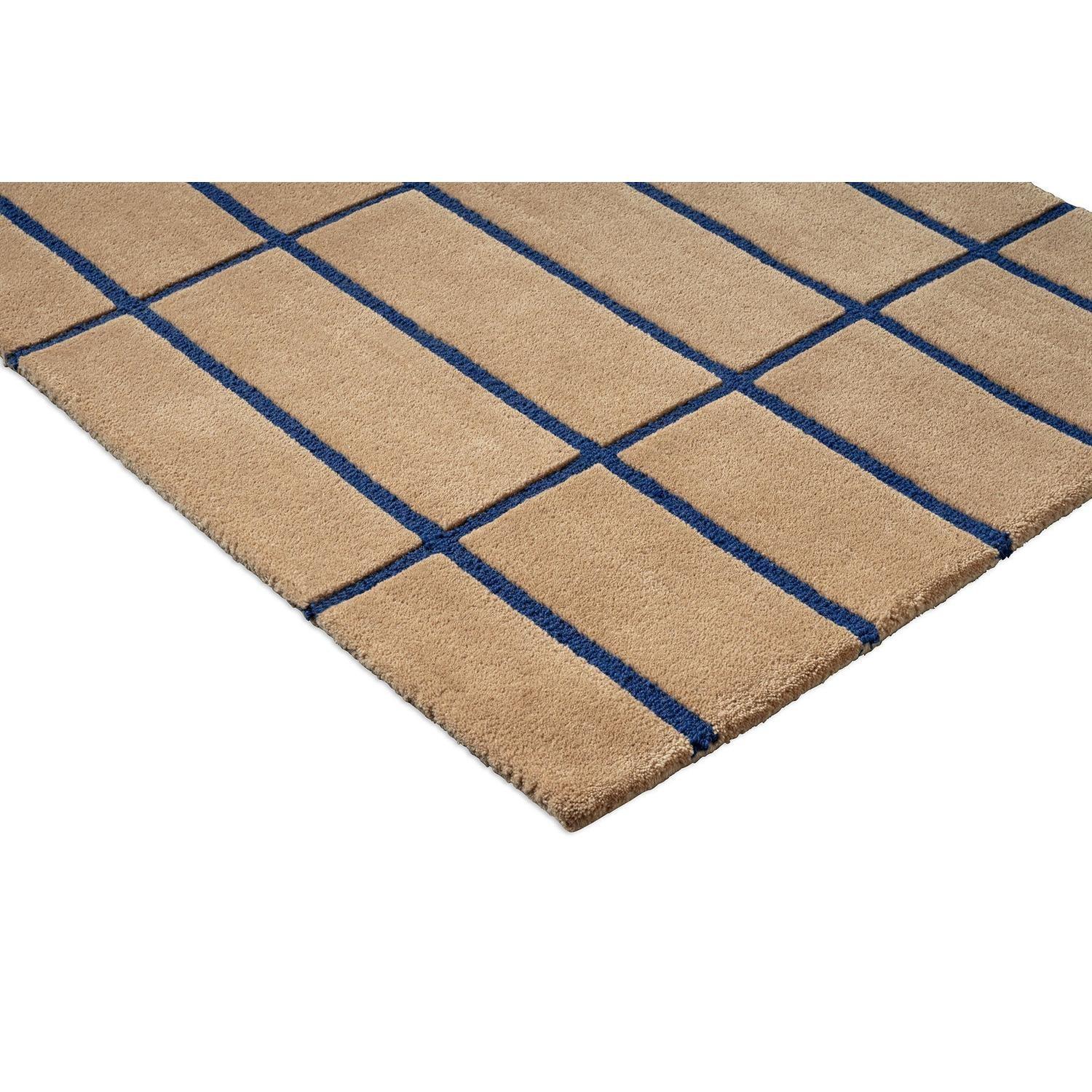 Marimekko Tiiliskivi Bright Blue Runner Rug featuring grid pattern in cobalt blue lines on tan background, hand-tufted wool