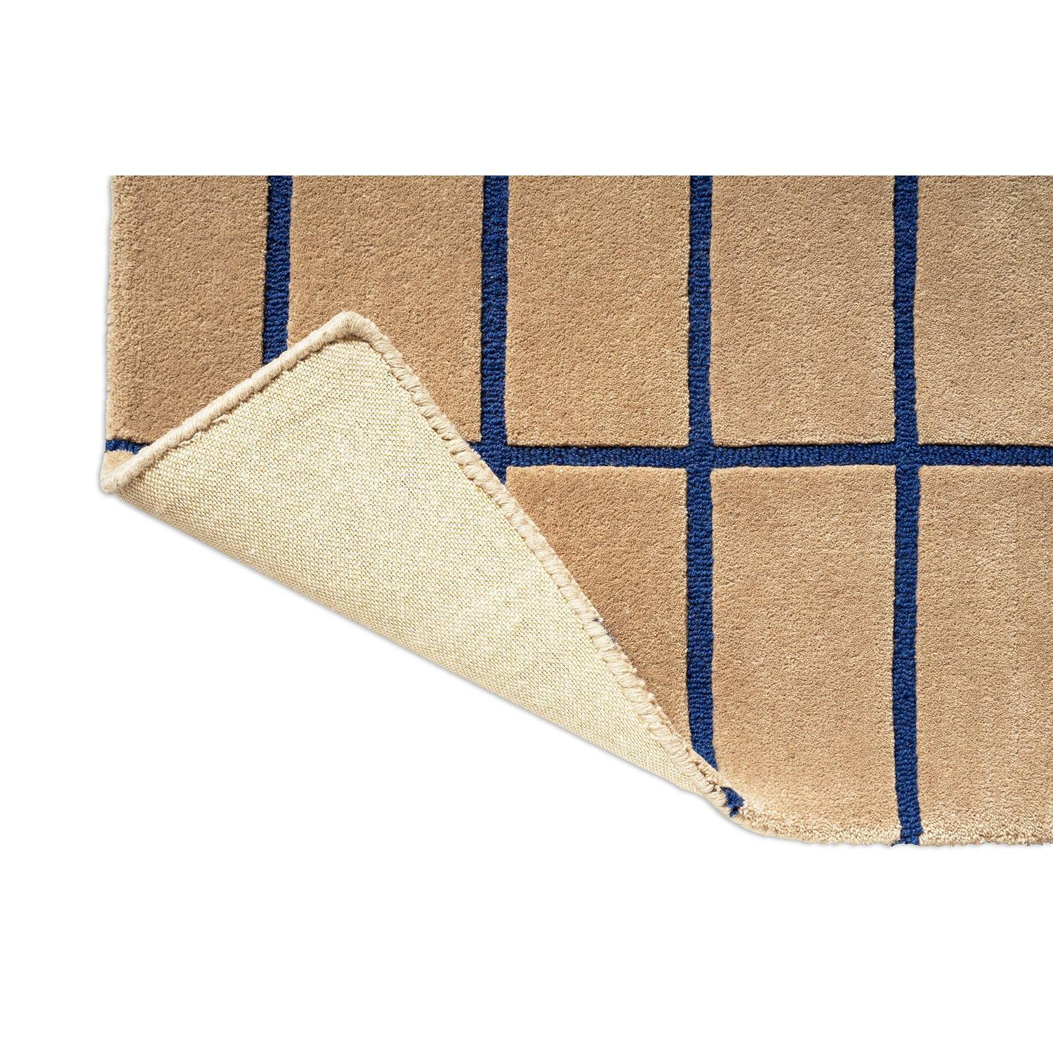 Marimekko Tiiliskivi Bright Blue 132908 Runner Rug featuring geometric grid in bright blue on tan background, machine-woven wool