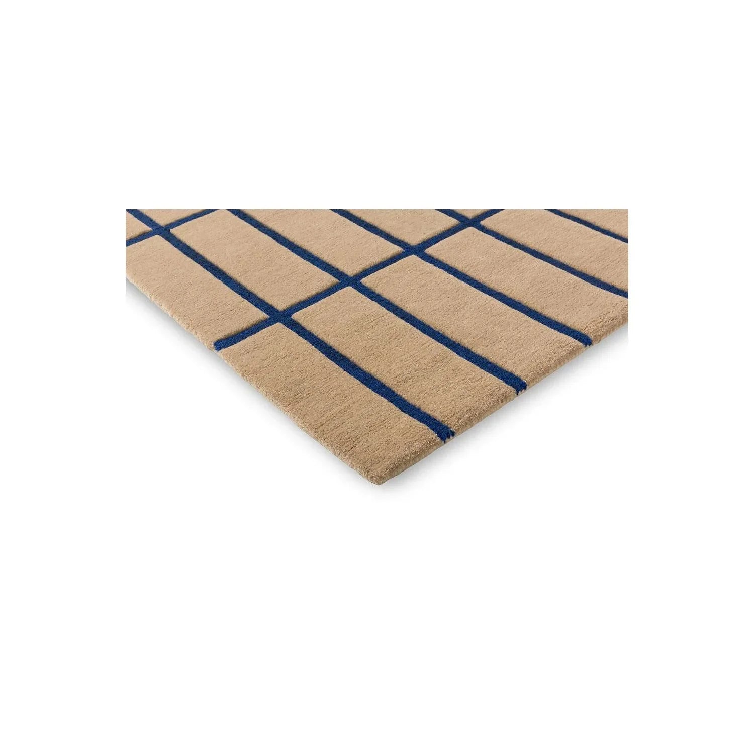 Marimekko Tiiliskivi Bright Blue Designer Rug featuring a grid pattern in navy blue on cream-beige background, hand-tufted wool