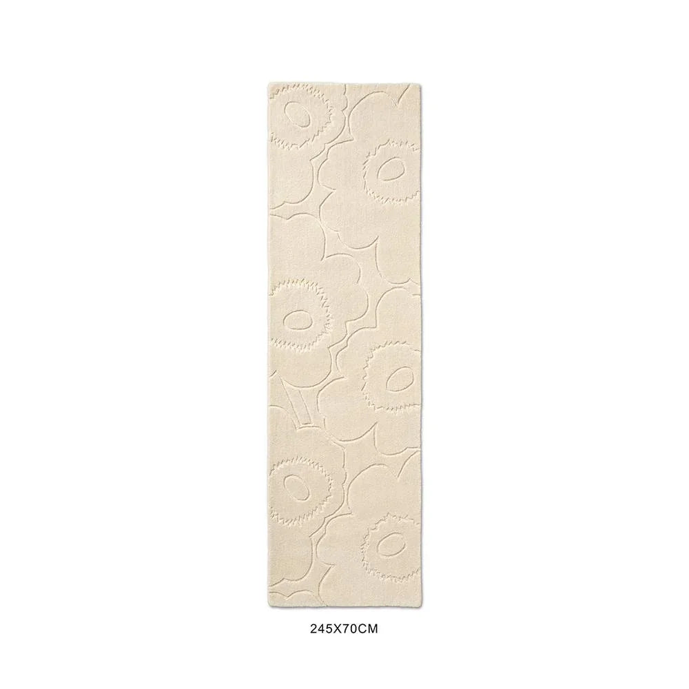 Marimekko Piirto Unikko Runner Rug embossed floral pattern in natural white on cream background, power-loomed textile