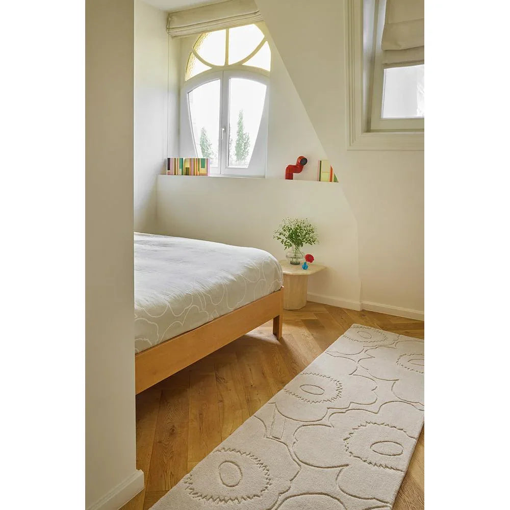 Marimekko Piirto Unikko Runner Rug featuring circular motif in ivory, cream and beige on cream, machine-woven wool