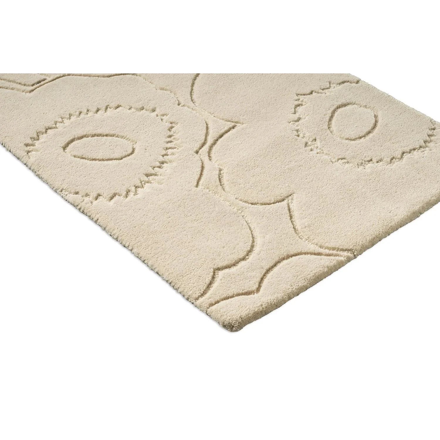 Marimekko Piirto Unikko Natural White Runner Rug featuring floral motif in cream and beige on ivory, machine-woven wool