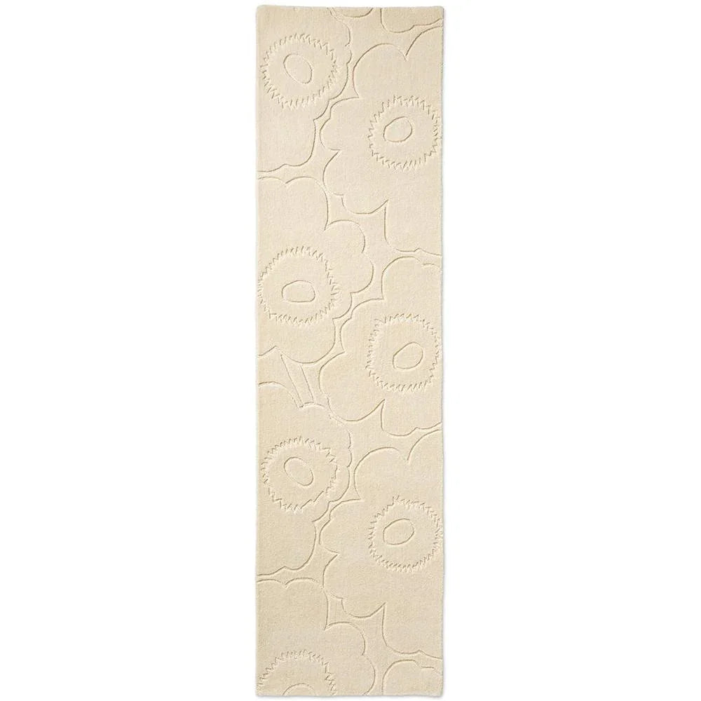 Marimekko Piirto Unikko Natural White runner rug with embossed floral pattern in cream on ivory, hand-tufted wool
