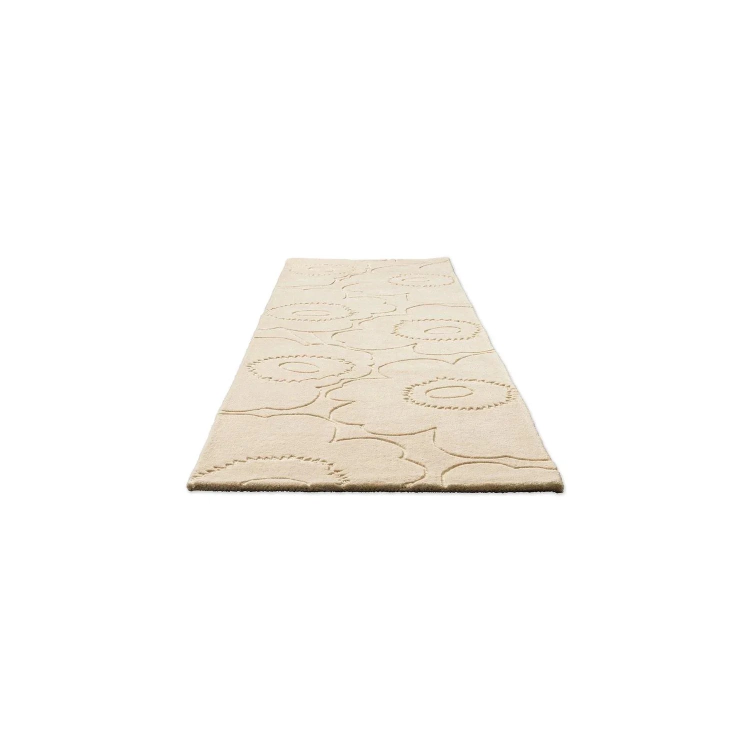 Marimekko Piirto Unikko Natural White runner rug featuring abstract circular pattern in cream/beige on white, tufted wool