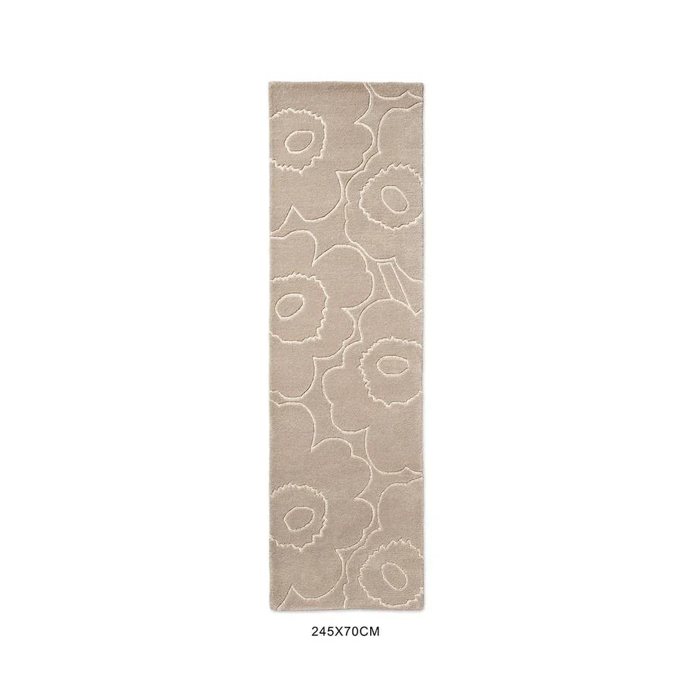 Marimekko Piirto Unikko Greige Runner Rug featuring floral pattern in cream and ivory on greige background, tufted wool