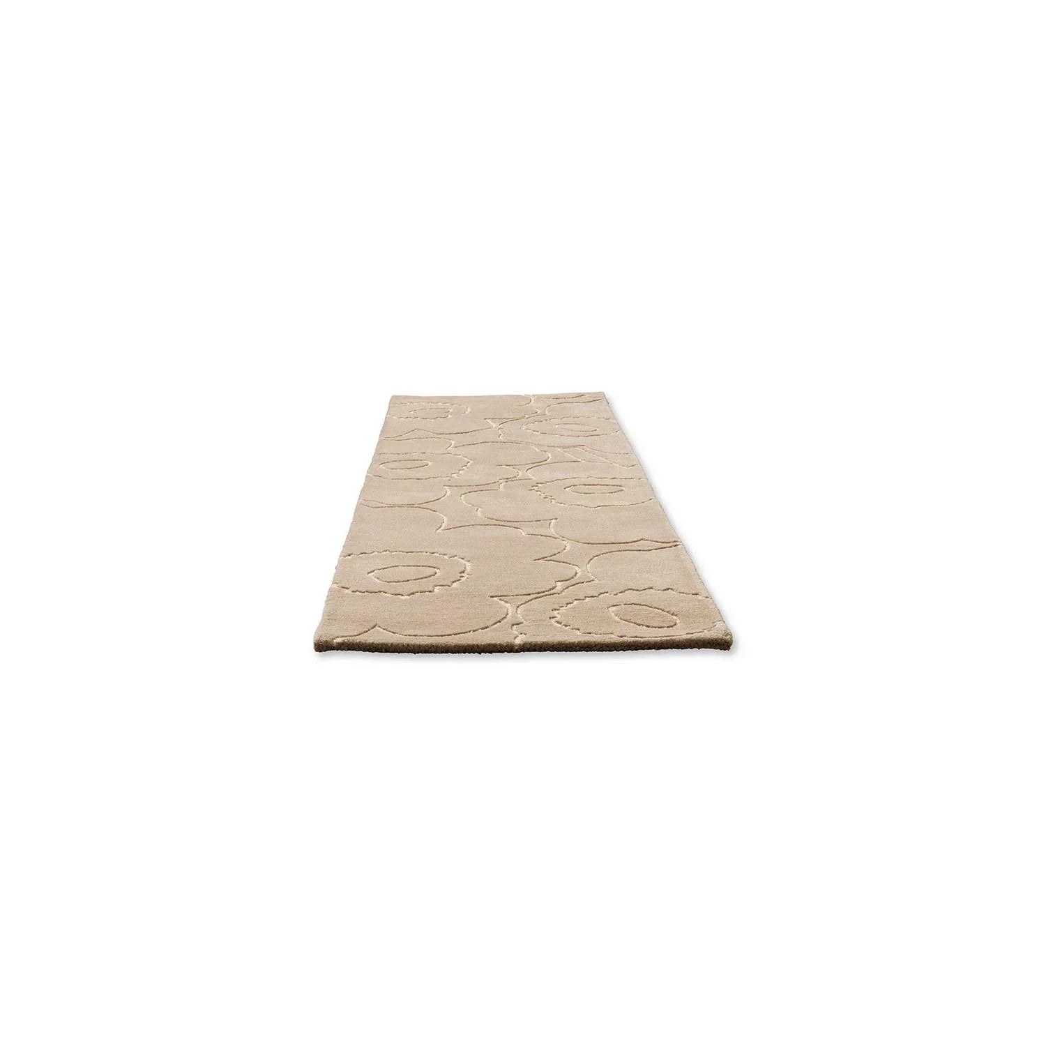Marimekko Piirto Unikko Greige runner rug featuring circular floral motif in greige, taupe on beige base, tufted wool