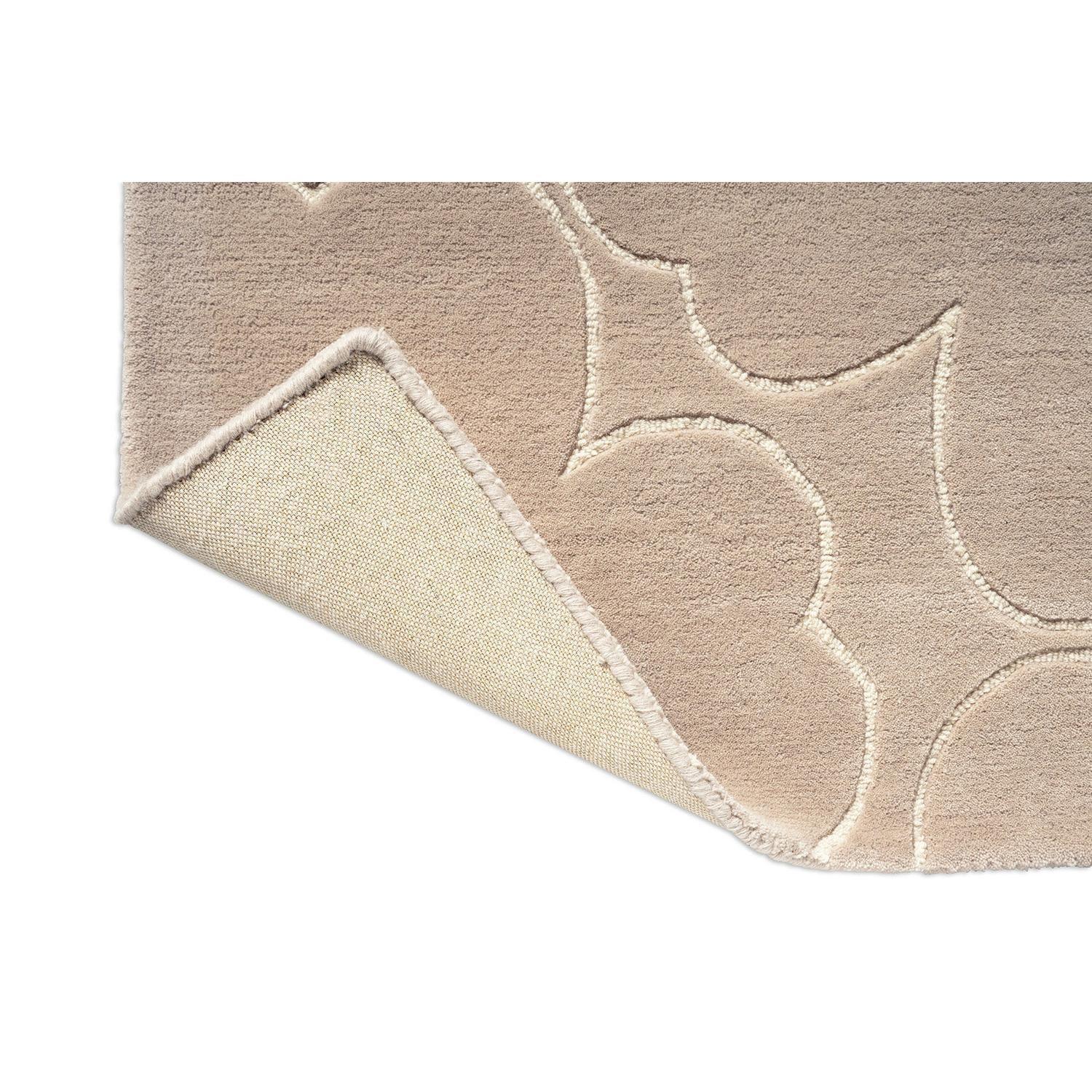 Marimekko Piirto Unikko Greige Runner Rug featuring floral motif in greige, taupe and cream on white, machine-made wool