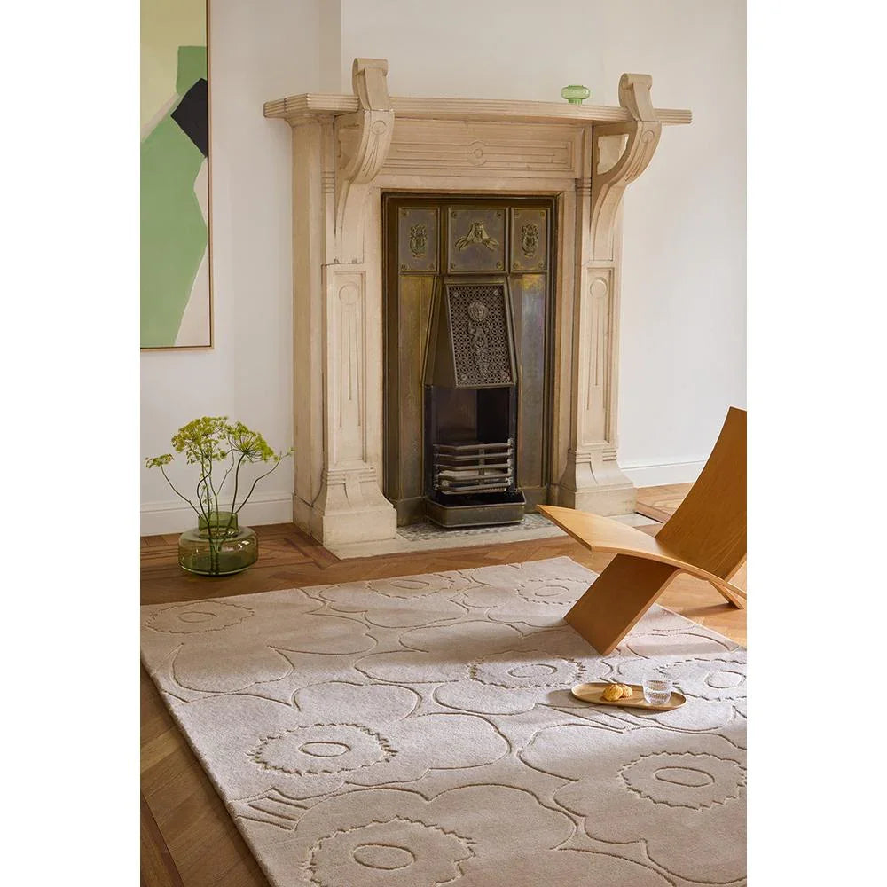 Marimekko Piirto Unikko Greige 133704 Rug featuring Unikko floral pattern in cream, greige and taupe on cream background, hand-tufted wool