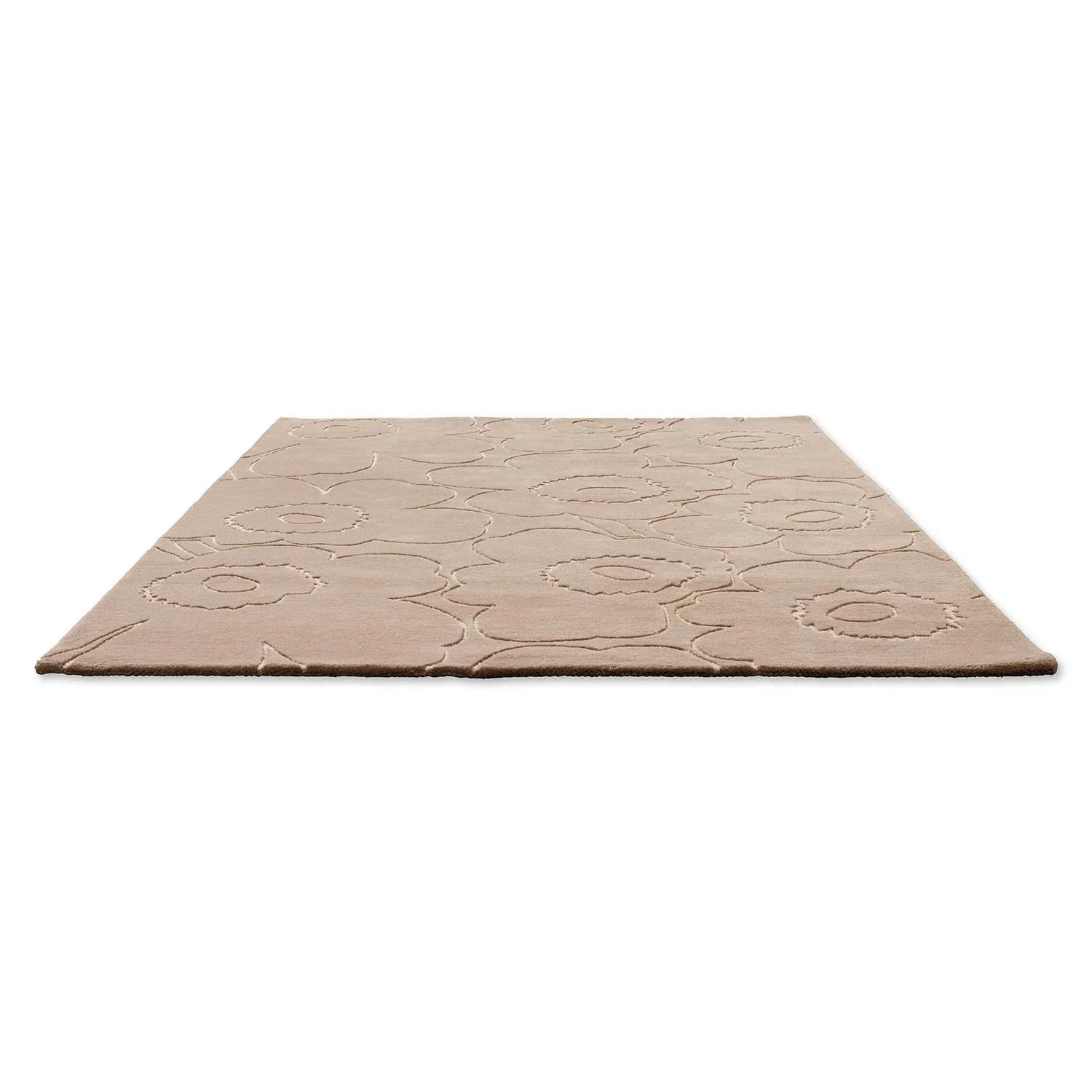 Marimekko Piirto Unikko Greige Rug featuring floral poppy pattern in greige, taupe & cream on beige background, machine-made polyester