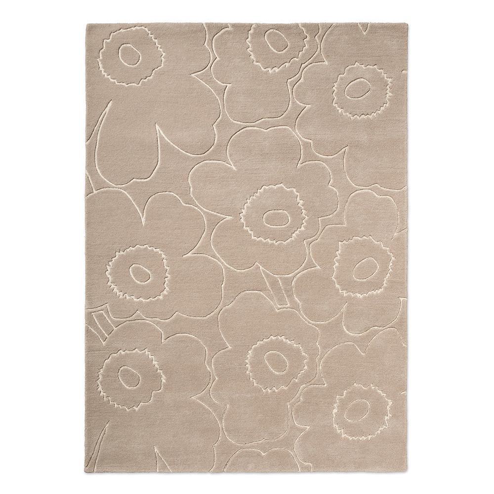 Marimekko Piirto Unikko Rug featuring floral pattern in cream, taupe and greige on greige background, machine-made polyester