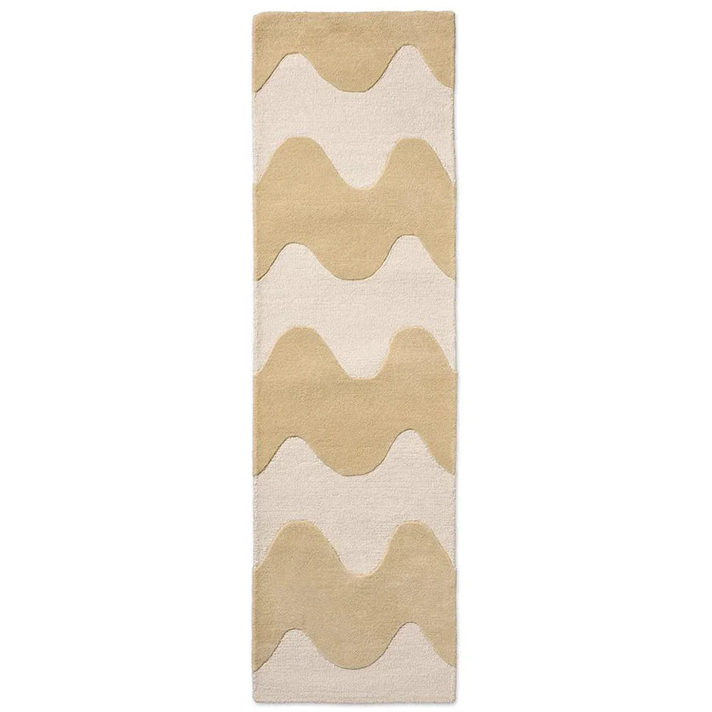 Marimekko Lokki Butter Runner Rug with wavy hills in butter yellow, ochre, cream on cream background, hand-tufted wool