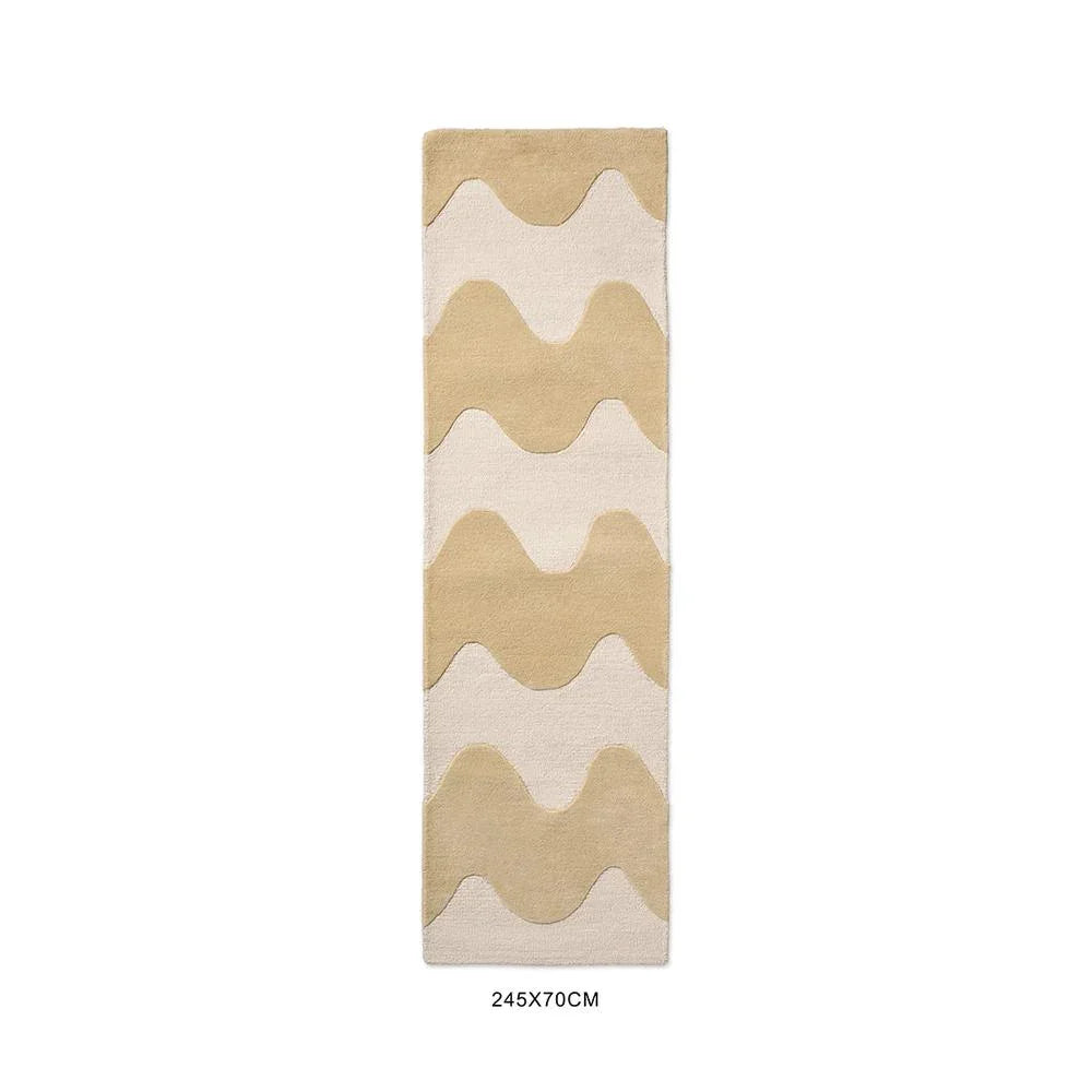 Marimekko Lokki Butter 133901 Rug featuring a wavy pattern in golden beige and cream on ivory background, woven wool