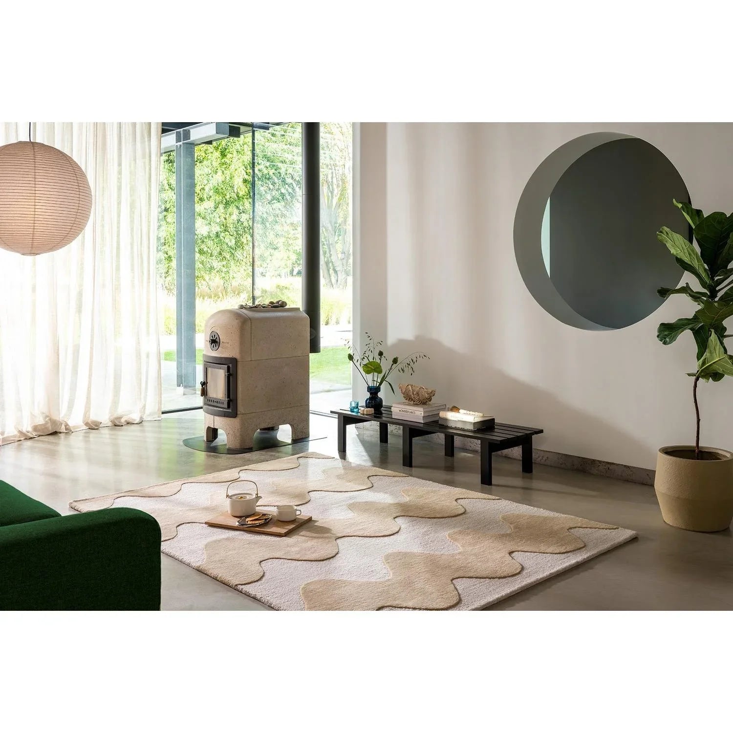 Marimekko Lokki Butter 133901 Rug with wavy pattern in cream, butter, beige on cream background; machine-woven wool