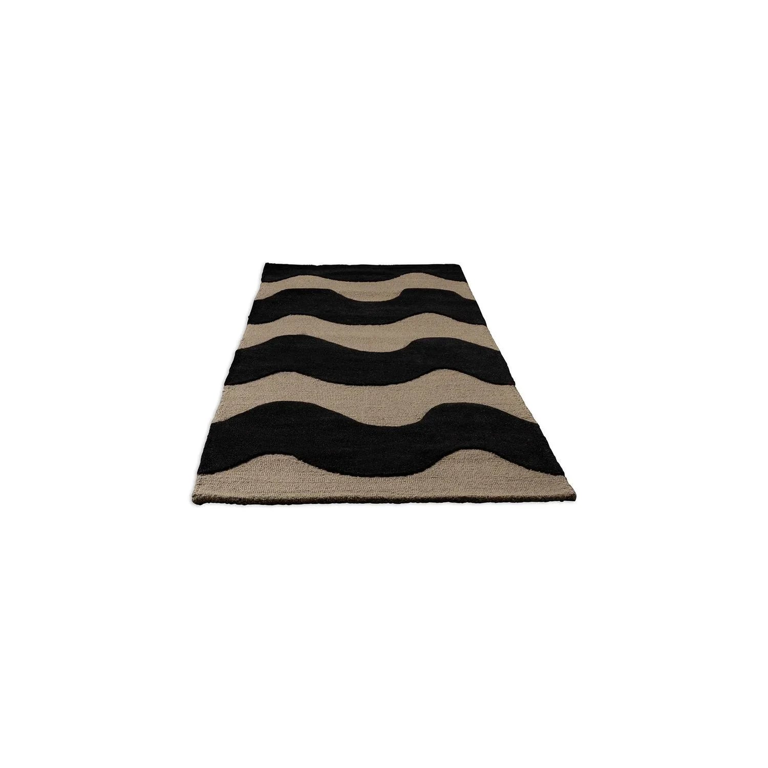 Marimekko Lokki Black 133905 Runner Rug featuring wavy black-tan stripes on white background, machine-woven polyester