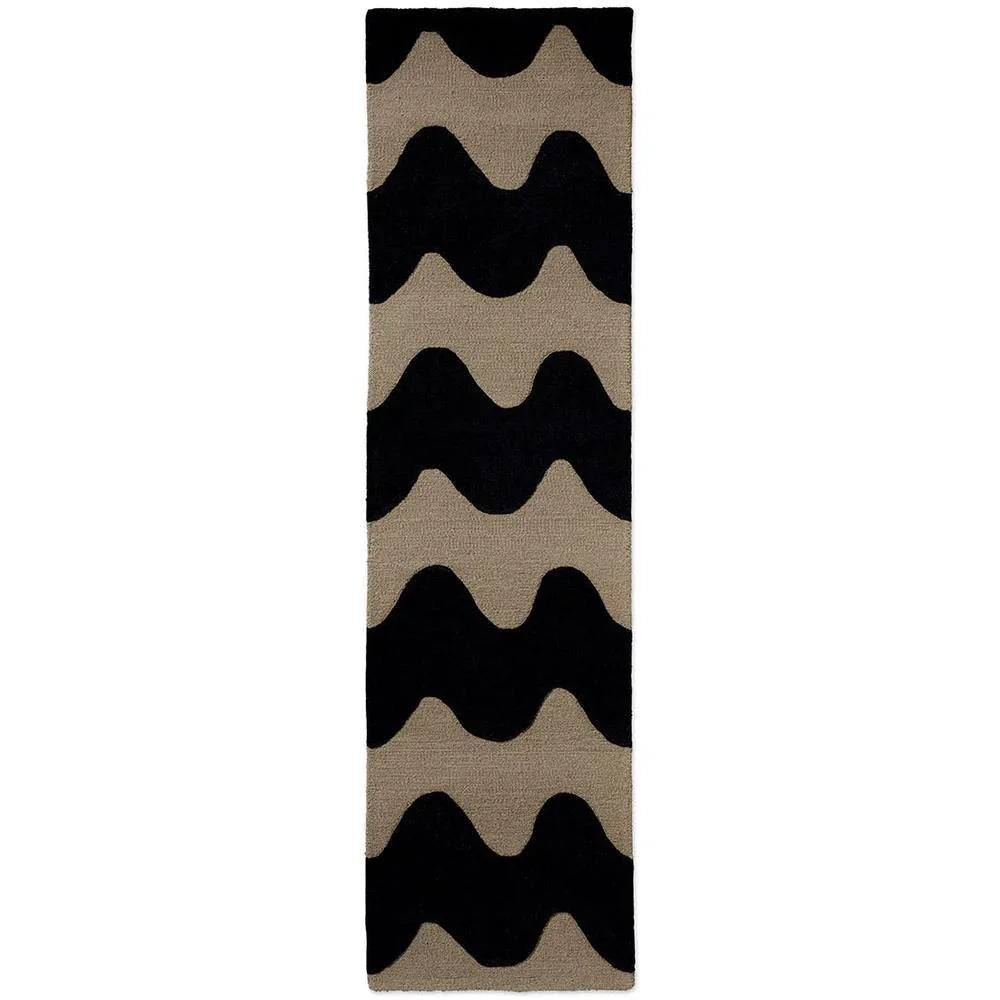 Marimekko Lokki Black 133905 Runner Rug featuring wavy pattern in black & taupe on beige, hand-tufted wool
