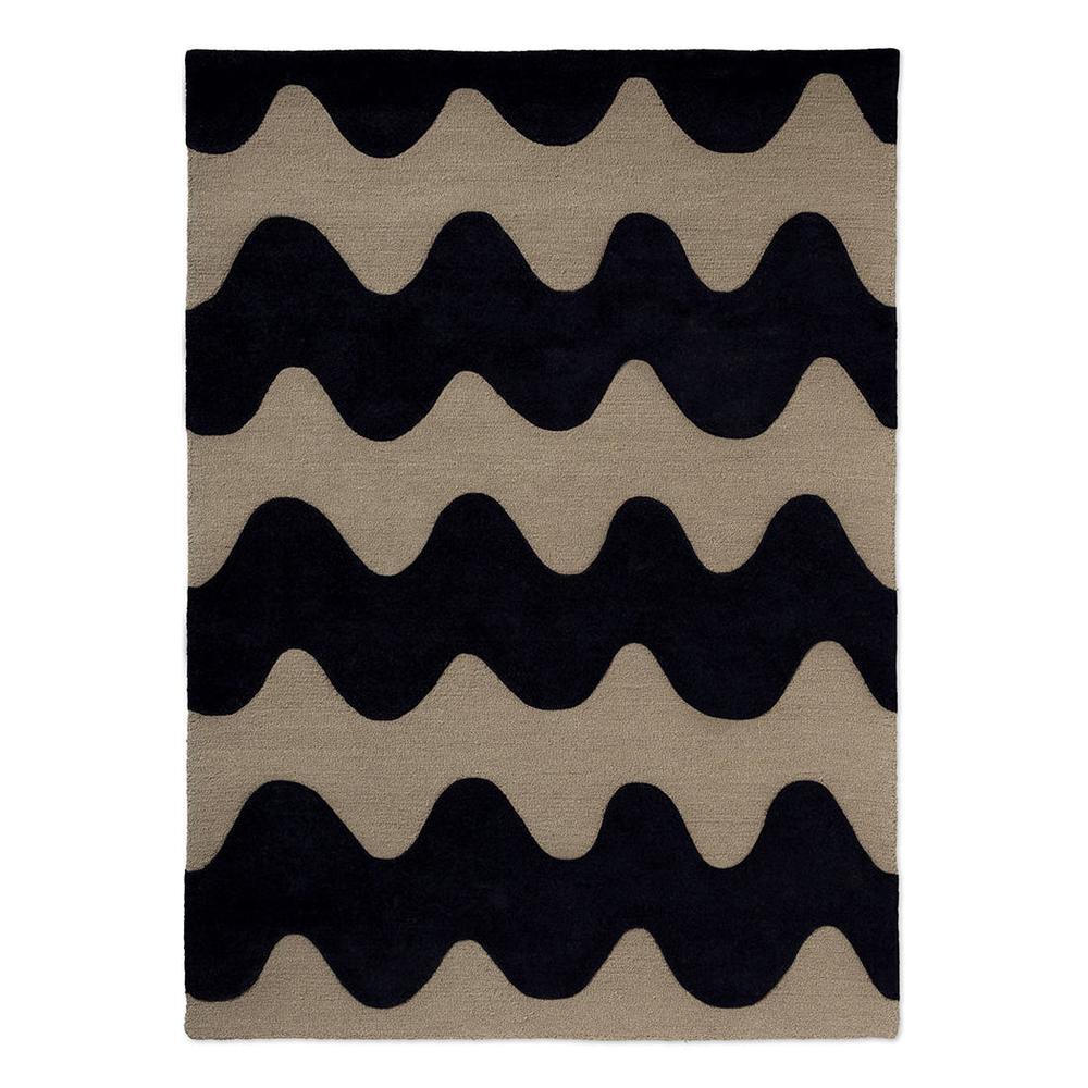 Marimekko Lokki Black 133905 Rug featuring wavy stripe pattern in black and taupe on beige, machine-made fabric