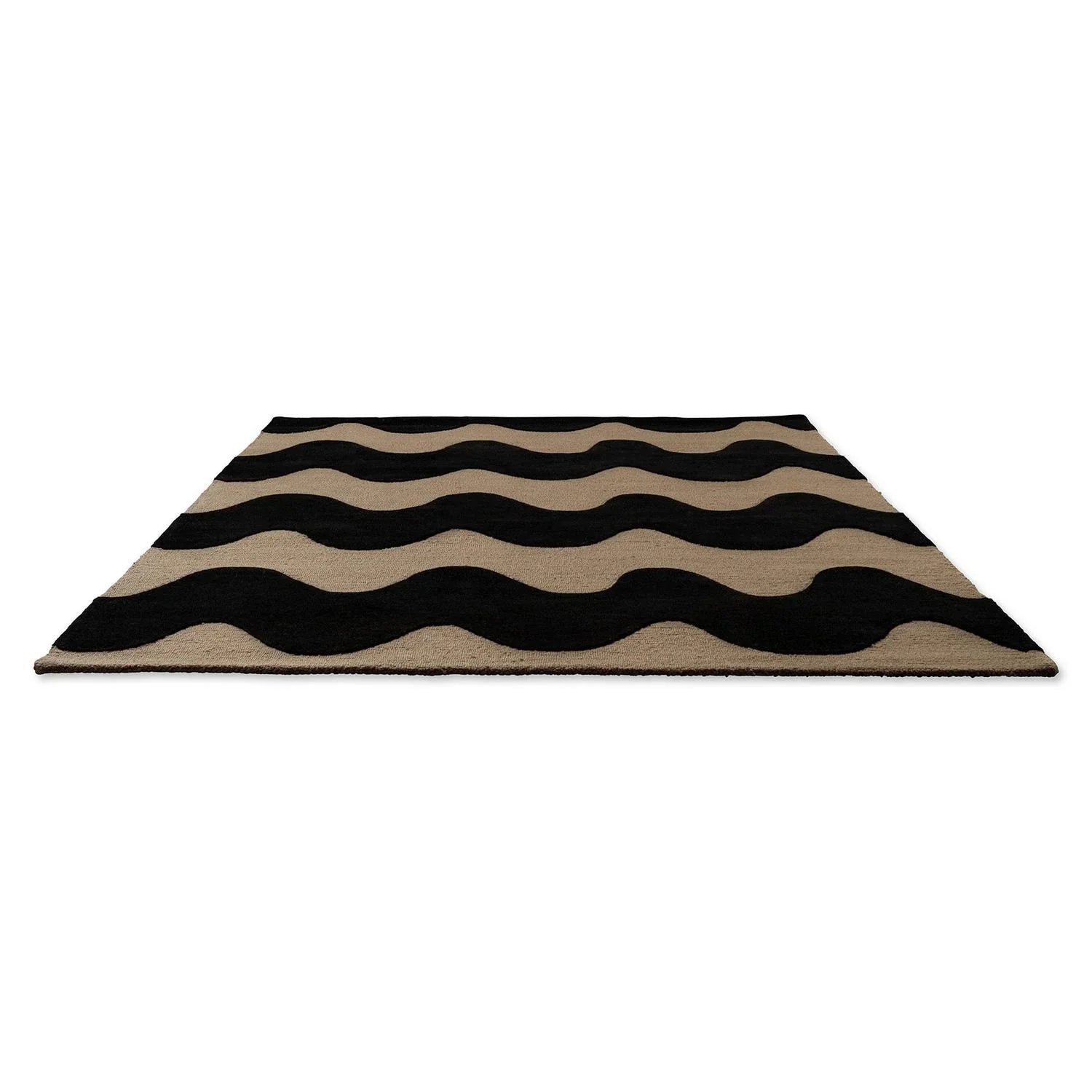 Marimekko Lokki Black 133905 Rug featuring wave pattern in black, tan and beige on beige background, hand-tufted wool