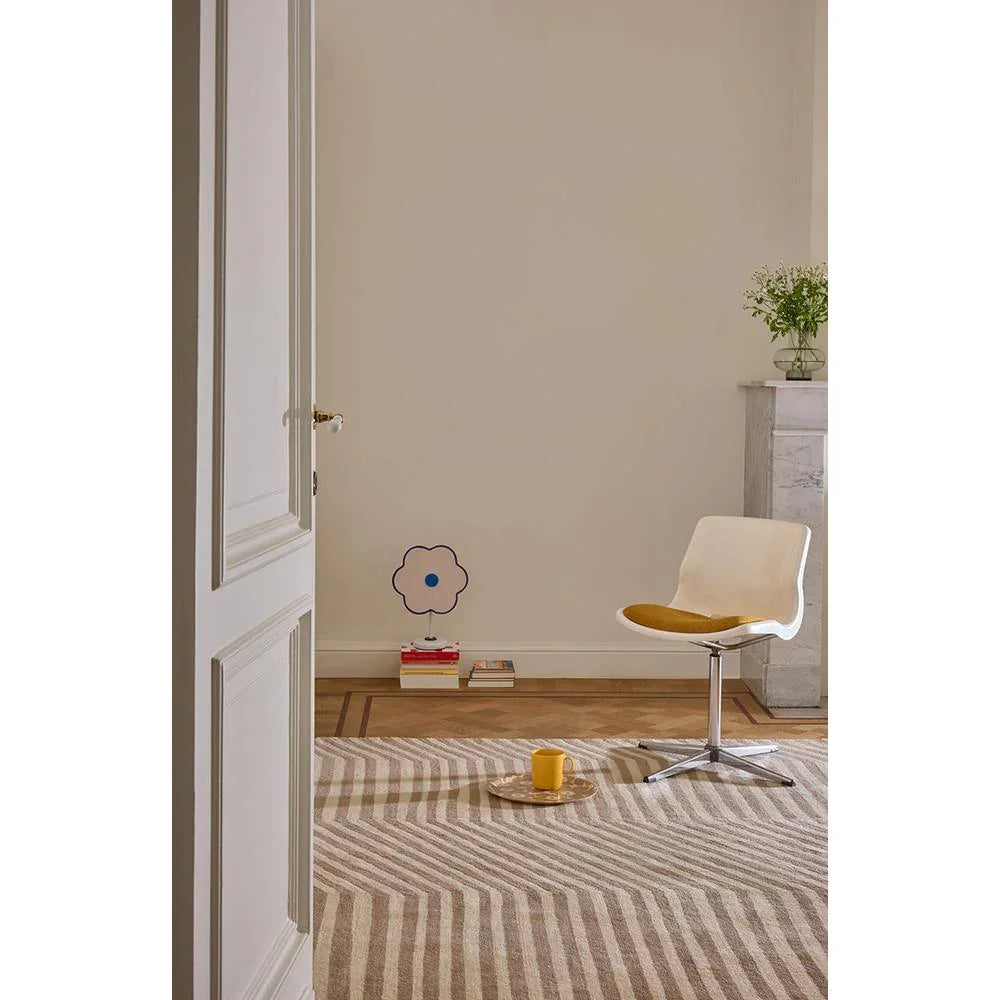 Marimekko Kalasaaski Greige 134004 Rug featuring striped pattern in greige, beige and cream on natural wood floor, machine-woven wool