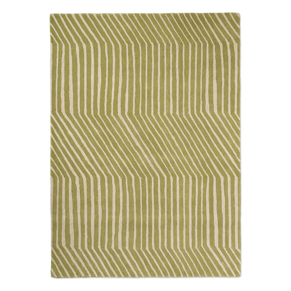Marimekko Kalasaaski Rug featuring geometric wavy stripes in olive green and white on light green, hand-tufted wool