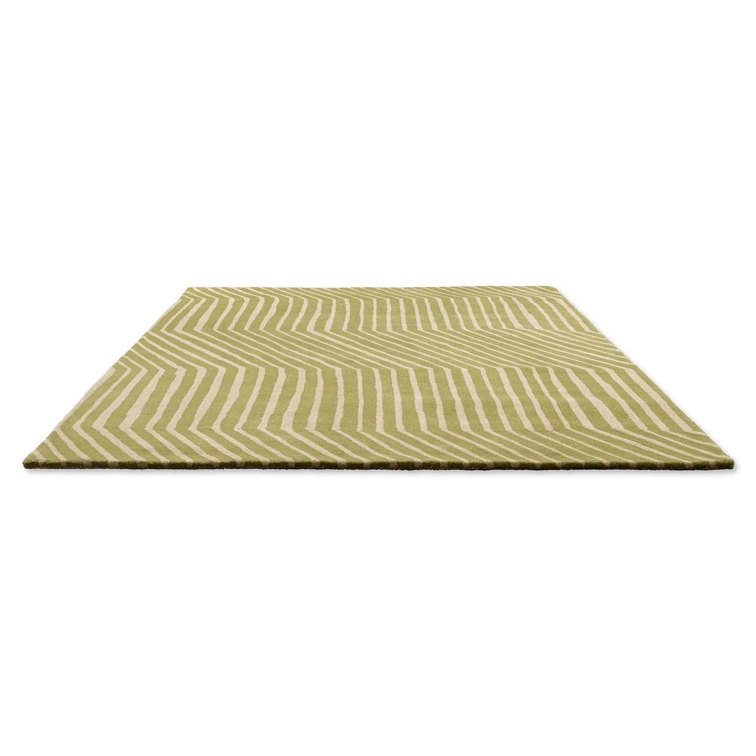 Marimekko Kalasaaski Light Green Rug featuring cream wavy stripes on olive-green background, power-loomed wool.