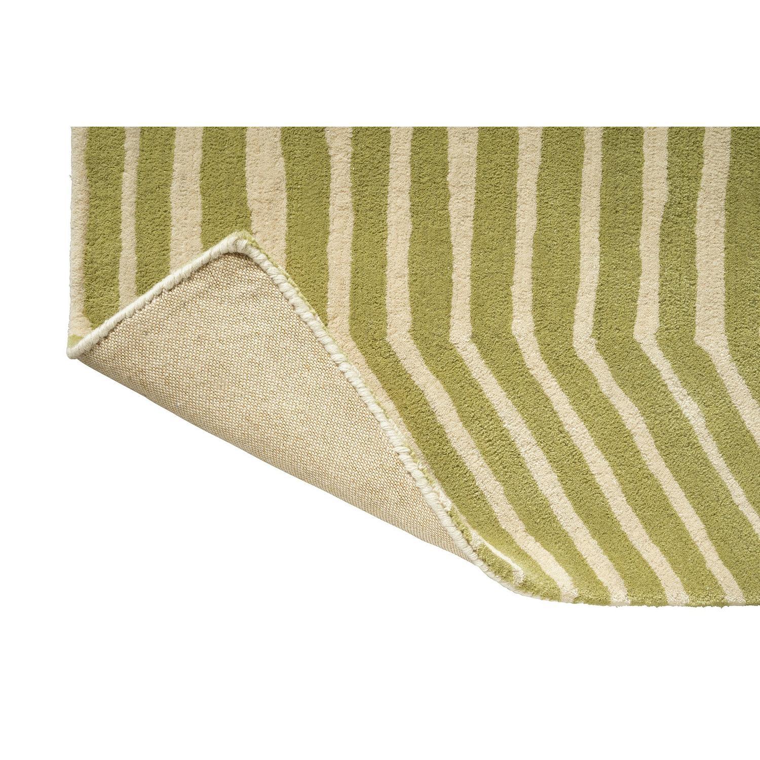 Marimekko Kalasaaski Rug featuring striped pattern in olive green, cream and sage on olive background, woven wool