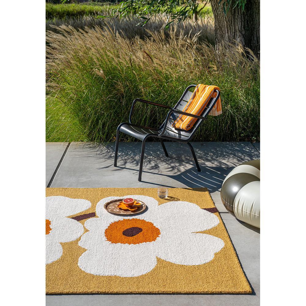 Marimekko Unikko Honey Outdoor Rug featuring floral poppy in white, orange and ochre on honey-yellow, power-loomed PP