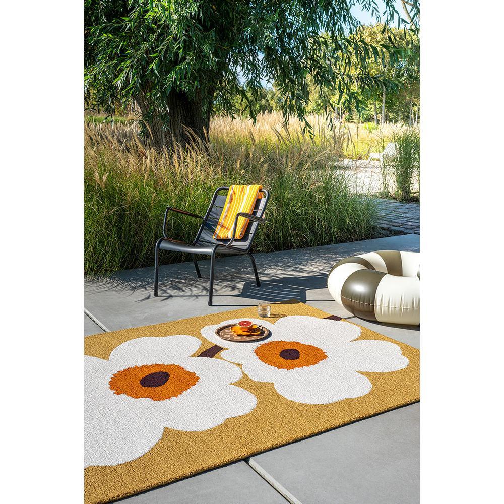 Marimekko Unikko Honey Outdoor Rug featuring large white poppies with orange centers on honey background.