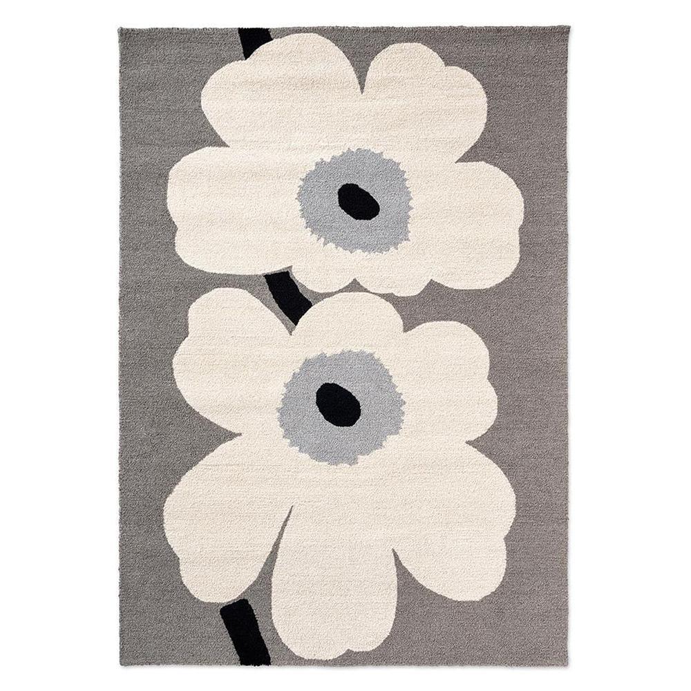 Marimekko Unikko Outdoor Rug featuring floral cream on grey background with black centres, machine-woven polypropylene