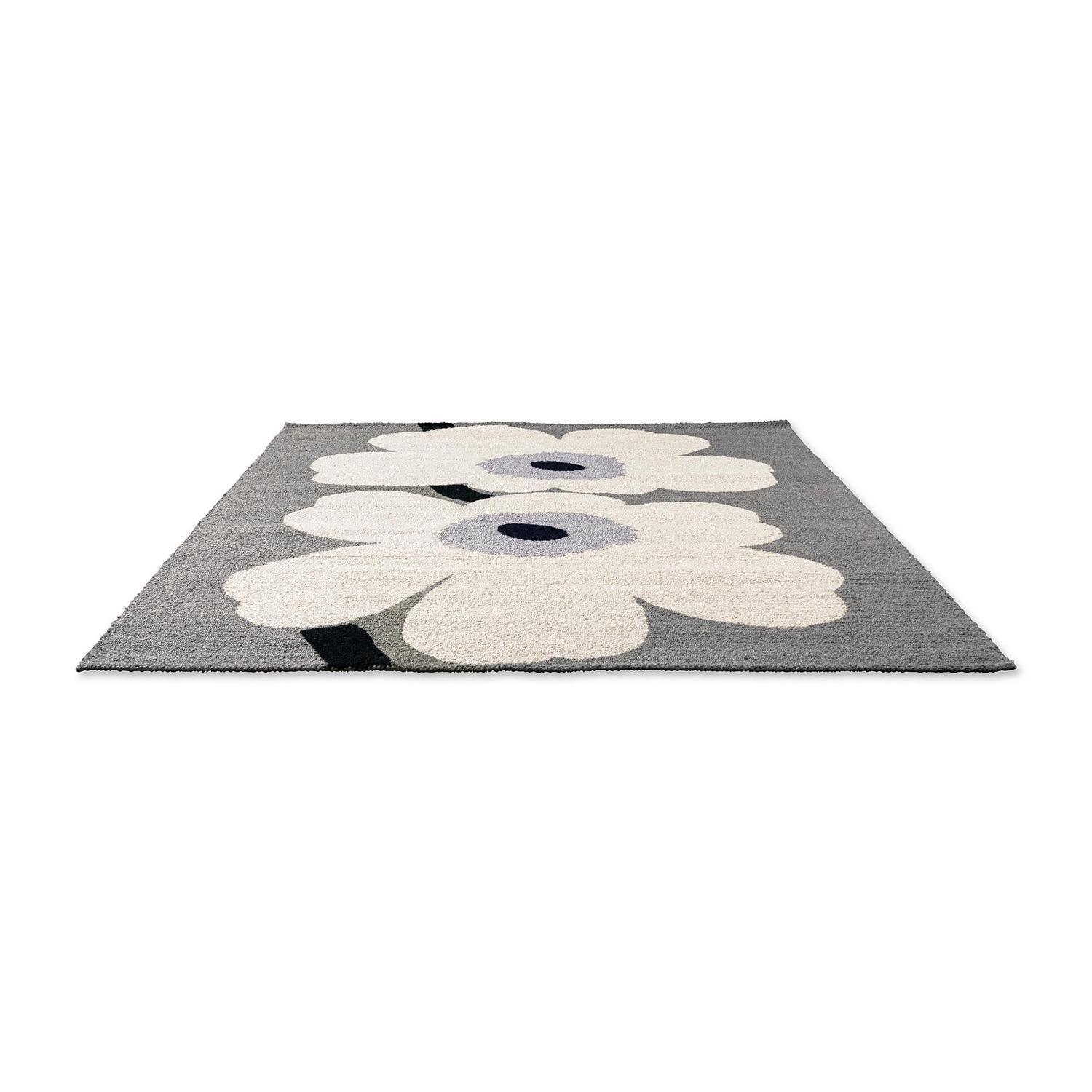 Marimekko Unikko Anniversary Grey Outdoor Rug featuring floral poppy in cream, lilac and navy on grey background, machine-woven polypropylene