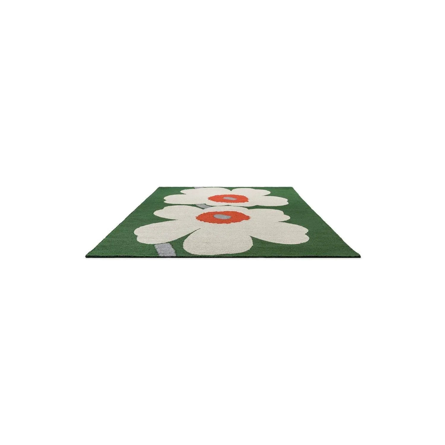 Marimekko Unikko 60th Anniversary Green Designer Rug featuring white poppies with orange centres on green background, machine-woven rug