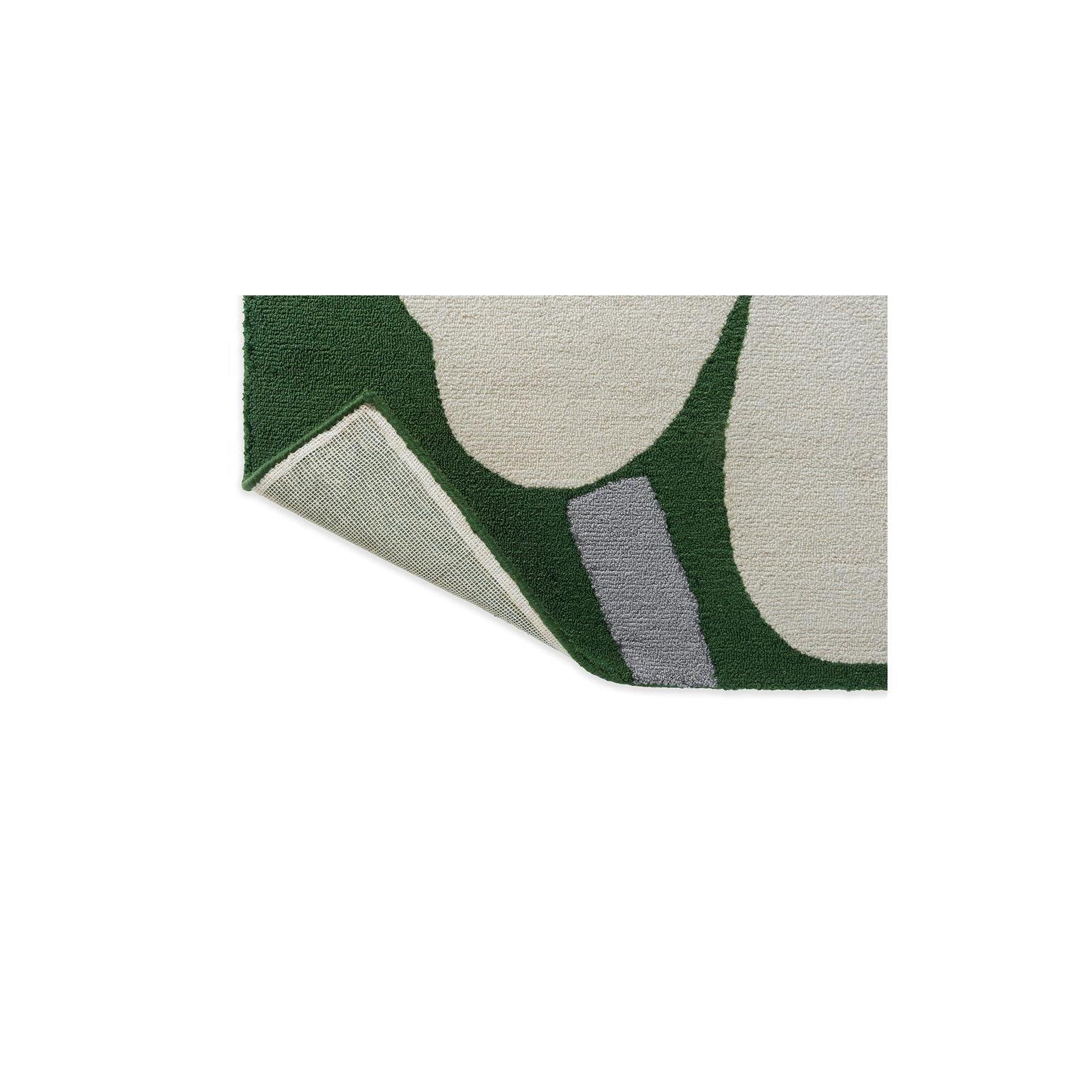 Marimekko Unikko 60th Anniversary Green Rug featuring abstract floral pattern in dark green, olive, beige and grey on cream background, machine-woven wool