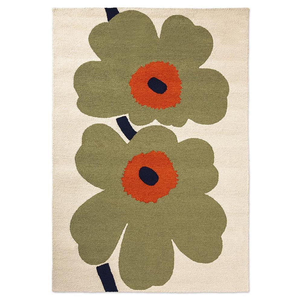 Marimekko Unikko Outdoor Rug featuring Unikko floral in dusty olive, burnt orange, navy on cream, loomed polypropylene
