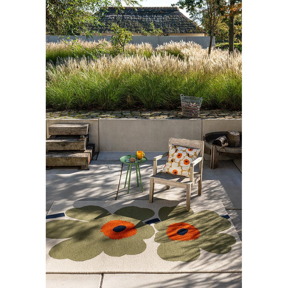 Marimekko Unikko Outdoor Rug featuring floral pattern in dusty green, orange, navy on cream; machine-made polypropylene