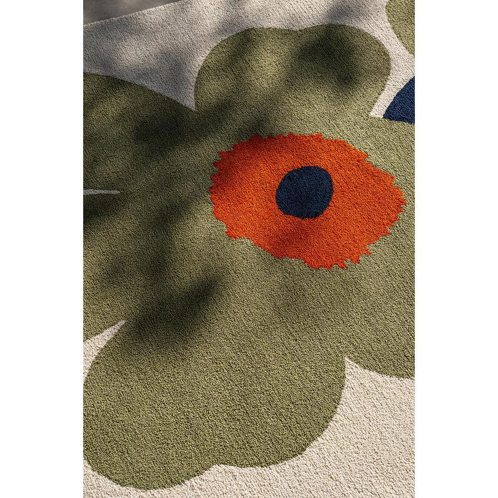 Marimekko Unikko Outdoor Rug with floral poppy in olive, orange, navy and cream on beige background, woven polypropylene