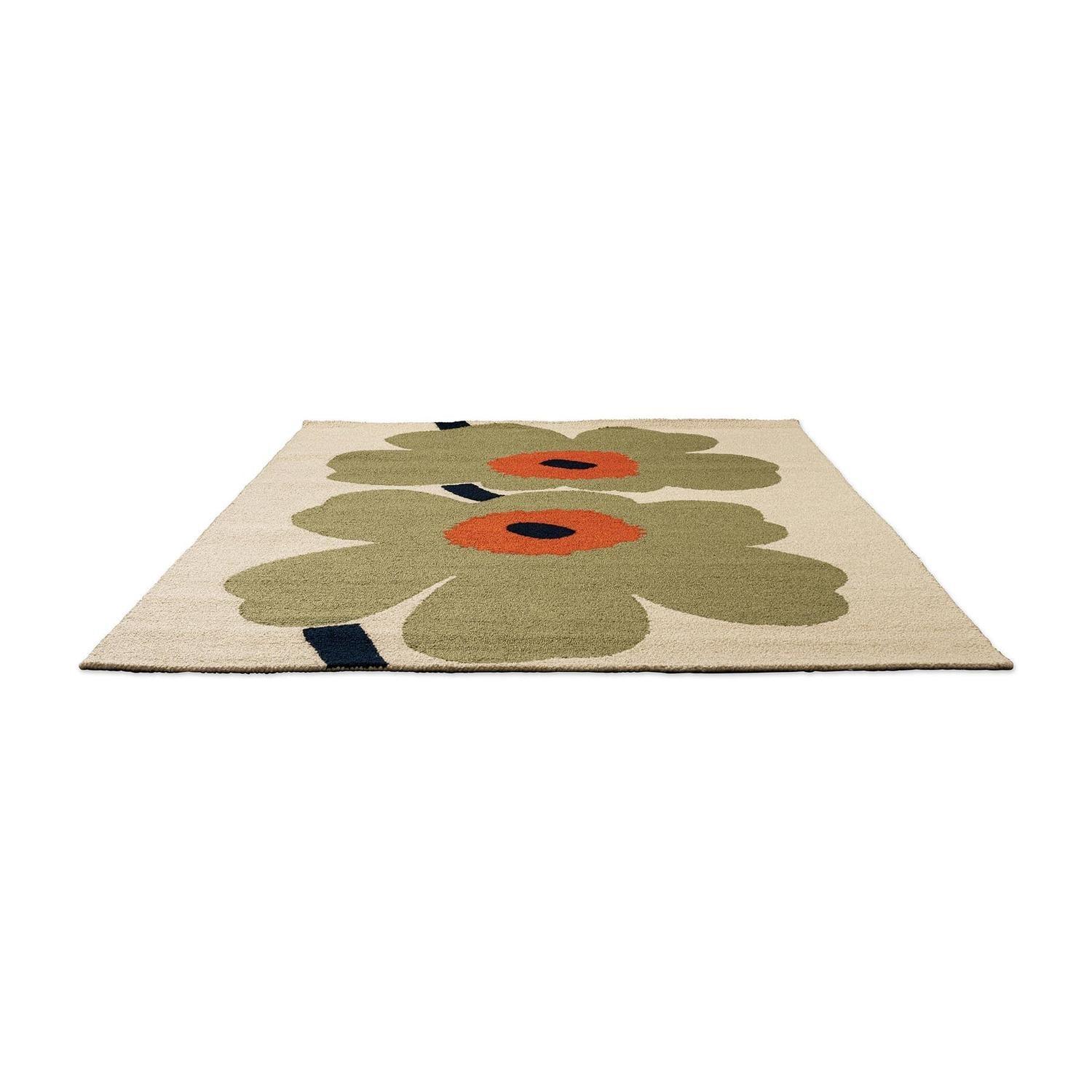Marimekko Unikko Anniversary Outdoor Rug featuring bold floral in dusty green, orange and navy on beige, machine-made PP