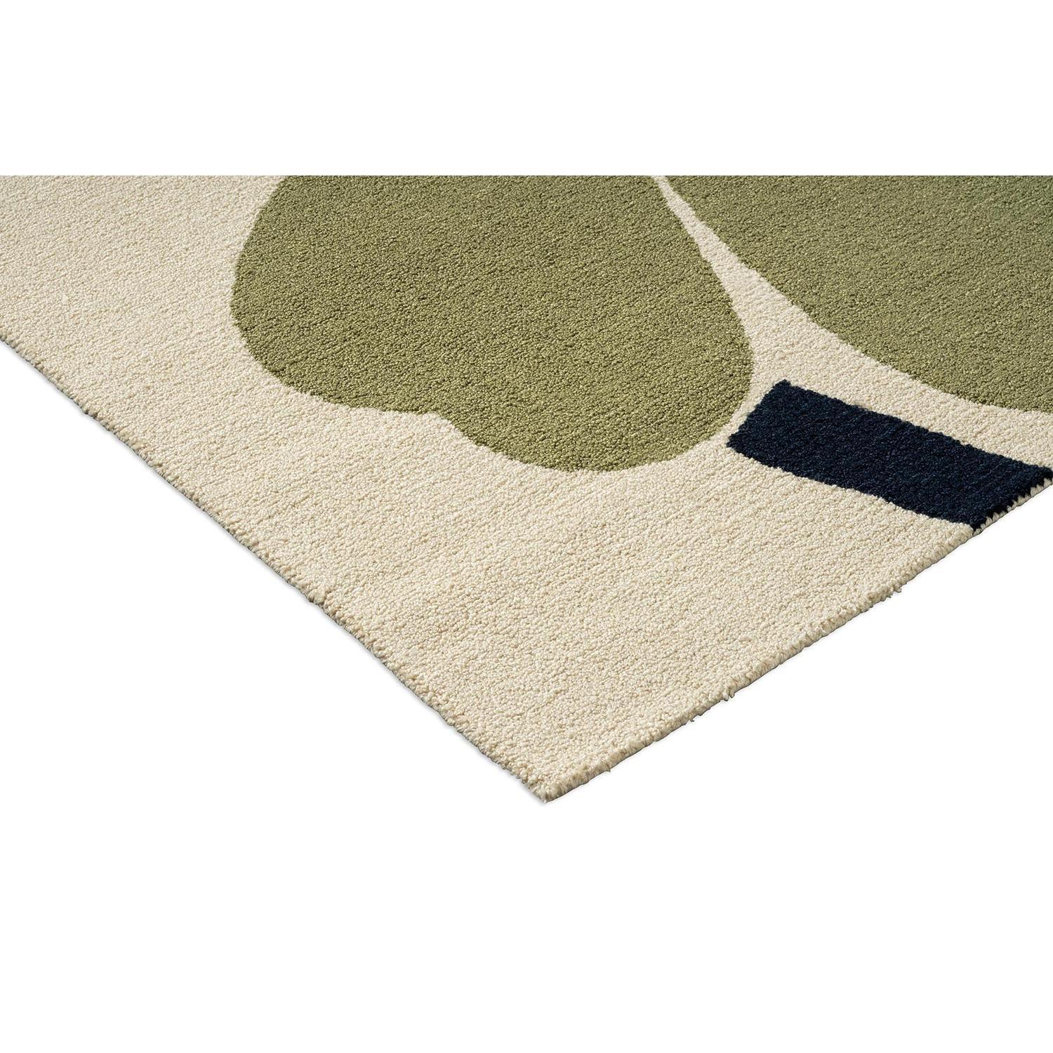 Marimekko Unikko Rug featuring abstract shapes in dusty green, navy on beige background, machinewoven polypropylene