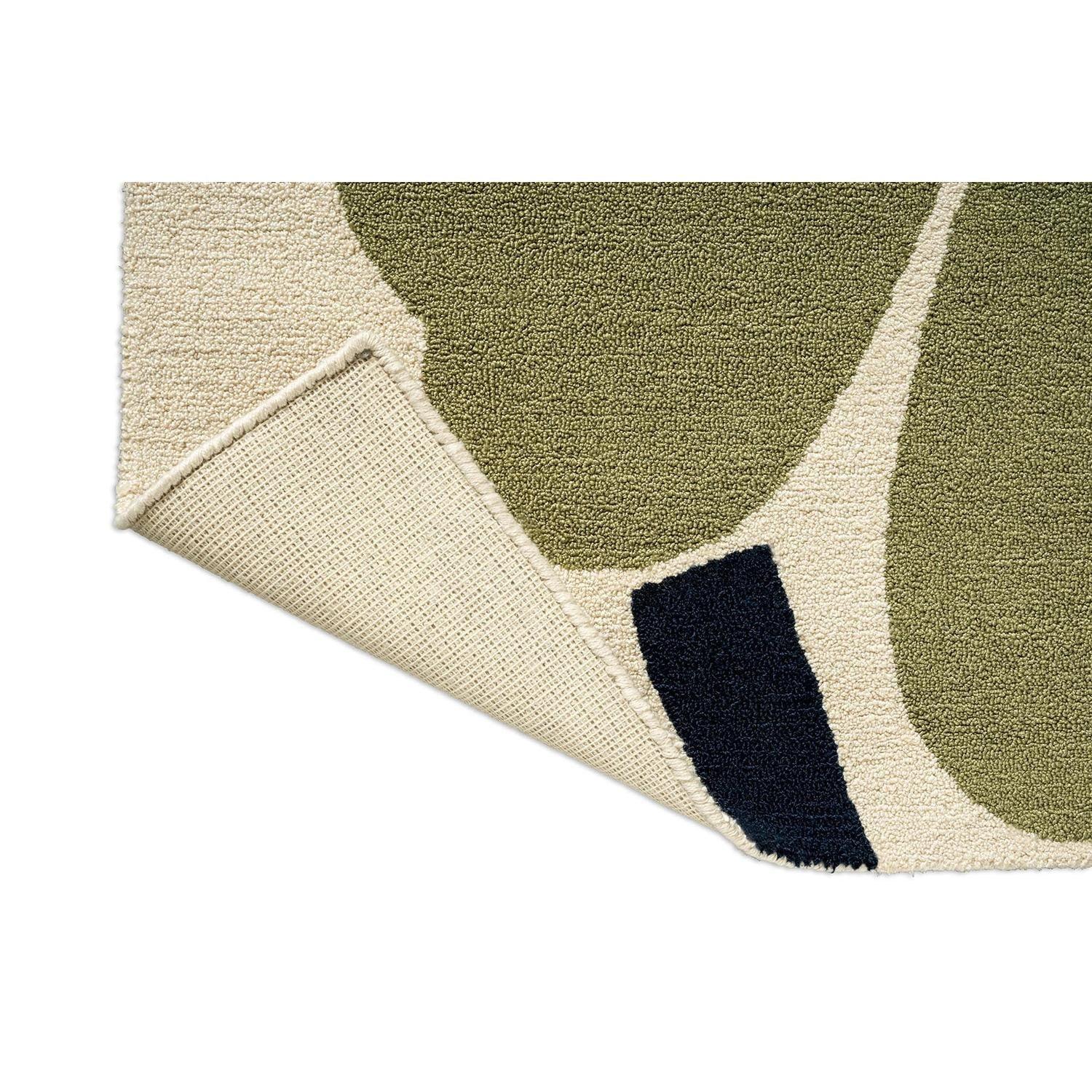 Marimekko Unikko Anniversary Rug featuring floral motif in dusty green, cream and navy on beige, woven polypropylene