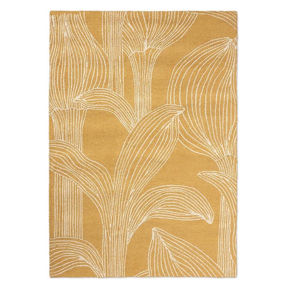 Marimekko Kukat Outdoor Rug featuring botanical leaf pattern in white on mustard, machine-woven polypropylene