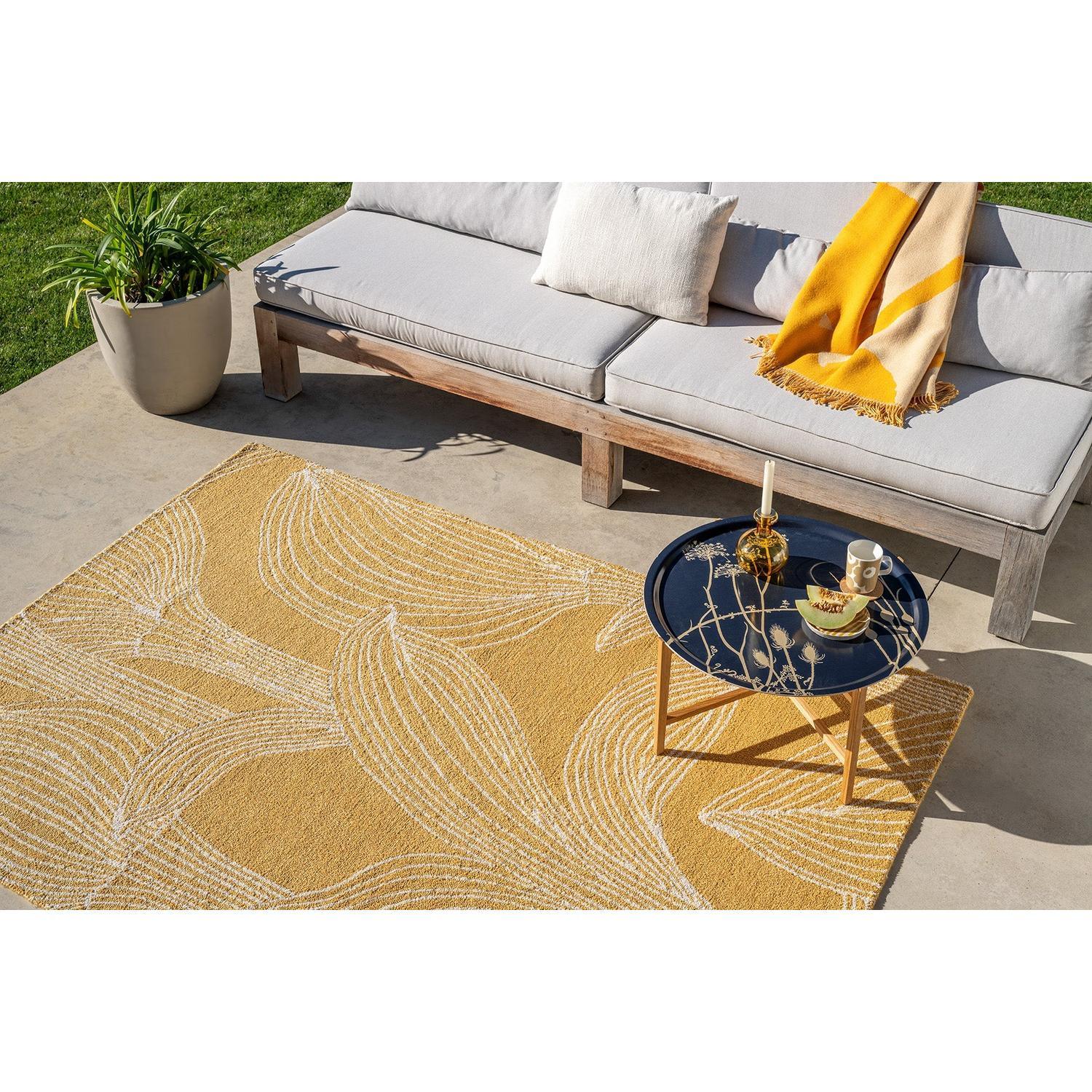 Marimekko Kukat Rug featuring botanical pattern in straw yellow, ivory and white on grey, power-loomed polypropylene